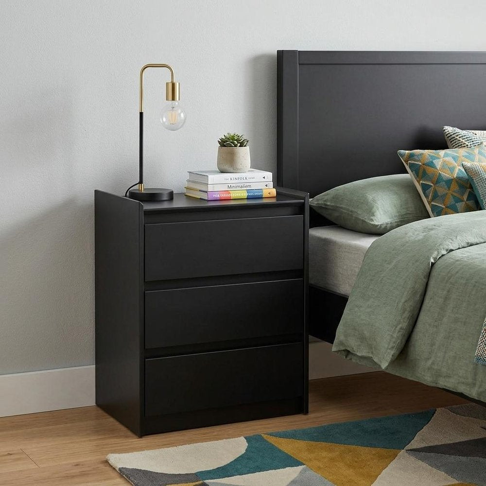 24" Black Wood Three Drawer Nightstand with USB Port and Integrated Tech — view 11