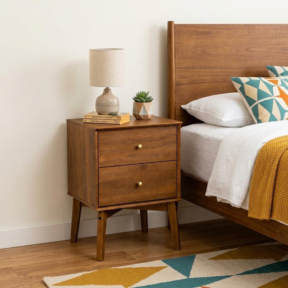 26" Walnut Wood Two Drawer Nightstand — view 7