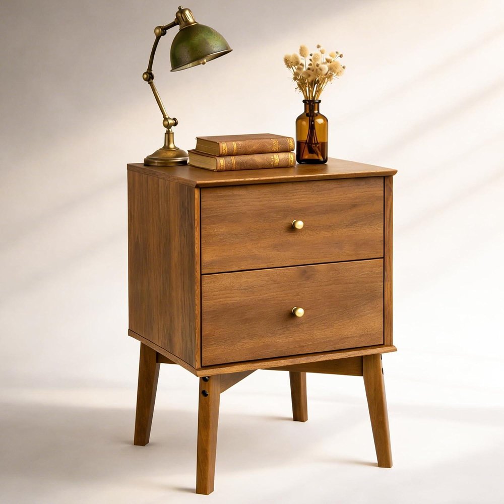 26" Walnut Wood Two Drawer Nightstand — view 2
