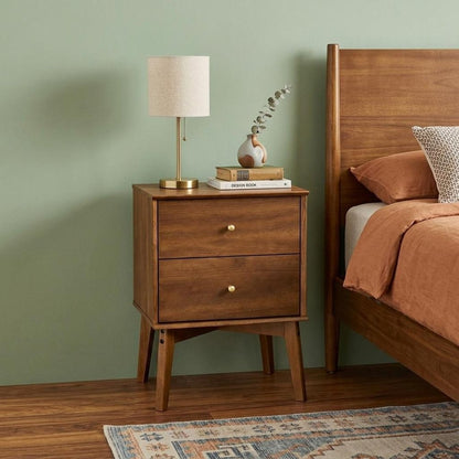 26" Walnut Wood Two Drawer Nightstand HomeRoots