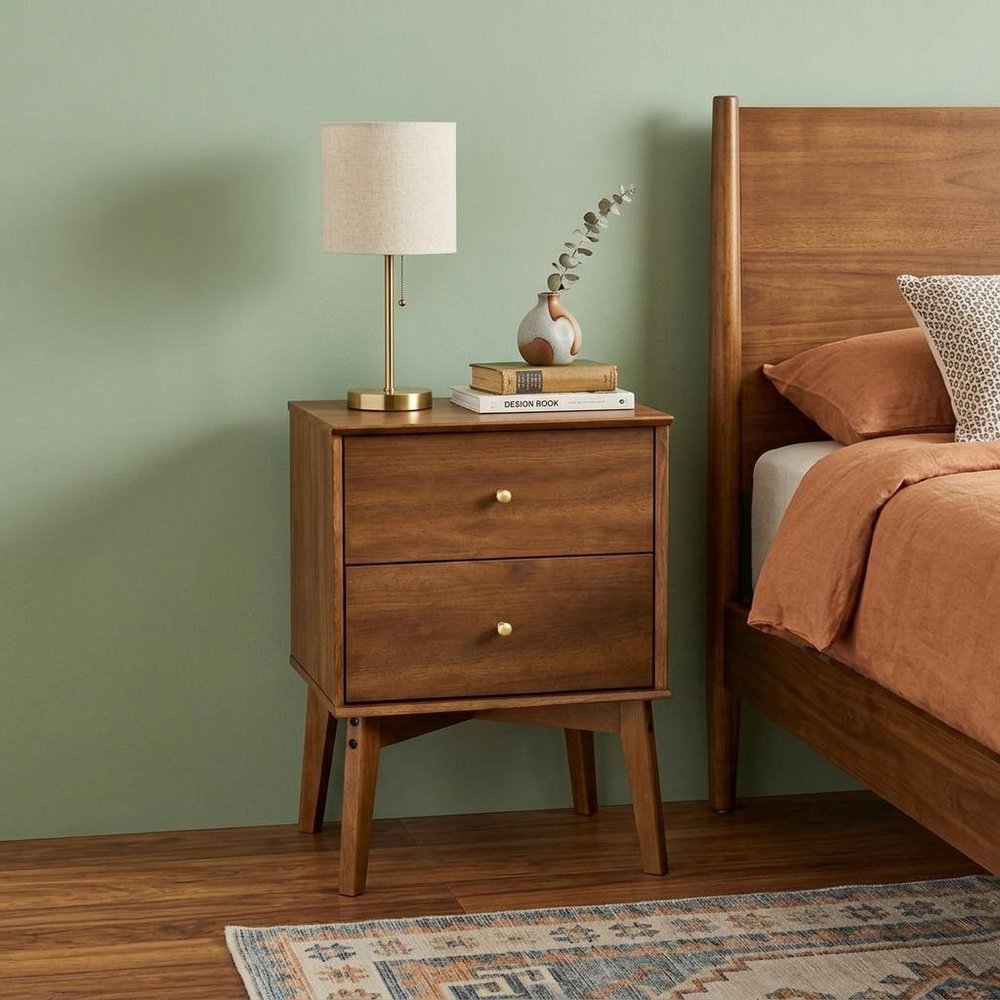 26" Walnut Wood Two Drawer Nightstand — view 13
