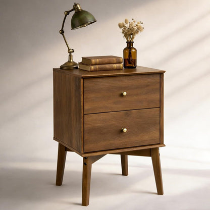 26" Walnut Wood Two Drawer Nightstand HomeRoots
