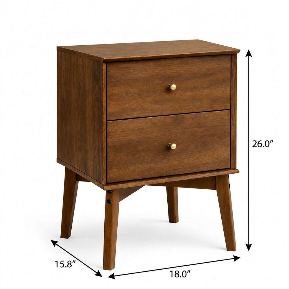 26" Walnut Wood Two Drawer Nightstand HomeRoots