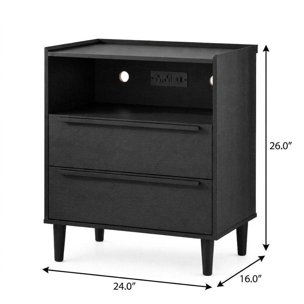 26" Espresso Wood Two Drawer Nightstand with USB Port and Integrated Tech HomeRoots