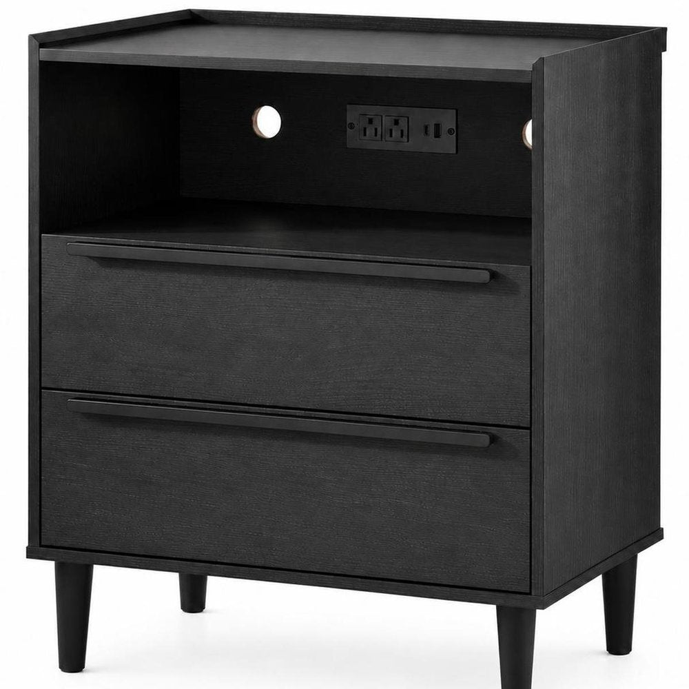 26" Espresso Wood Two Drawer Nightstand with USB Port and Integrated Tech HomeRoots
