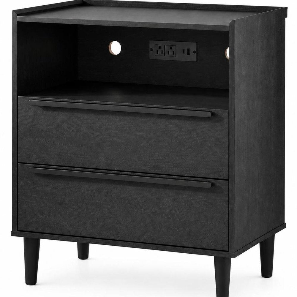 26" Espresso Wood Two Drawer Nightstand with USB Port and Integrated Tech — view 4