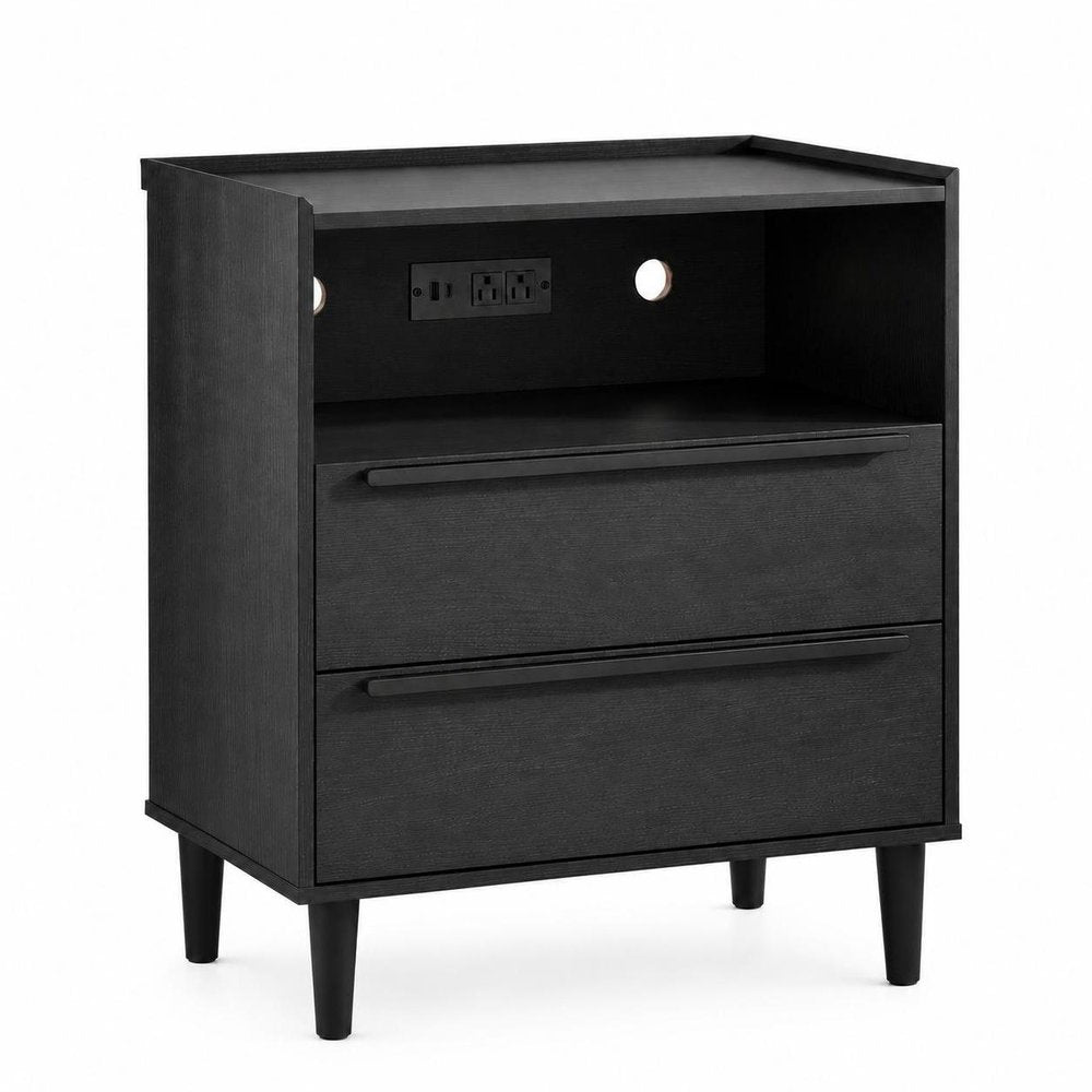 26" Espresso Wood Two Drawer Nightstand with USB Port and Integrated Tech — view 5