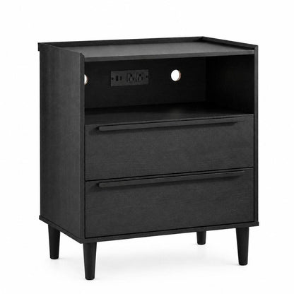 26" Black Wood Two Drawer Nightstand with USB Port and Integrated Tech
