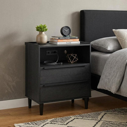 26" Espresso Wood Two Drawer Nightstand with USB Port and Integrated Tech HomeRoots