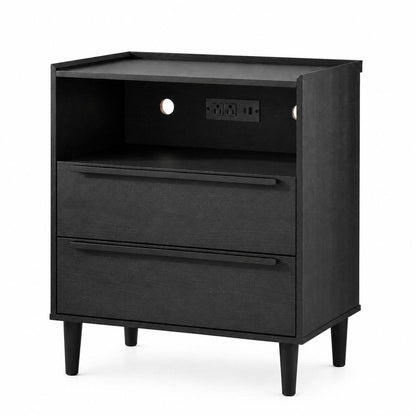 26" Espresso Wood Two Drawer Nightstand with USB Port and Integrated Tech HomeRoots