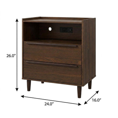 26" Black Wood Two Drawer Nightstand with USB Port and Integrated Tech