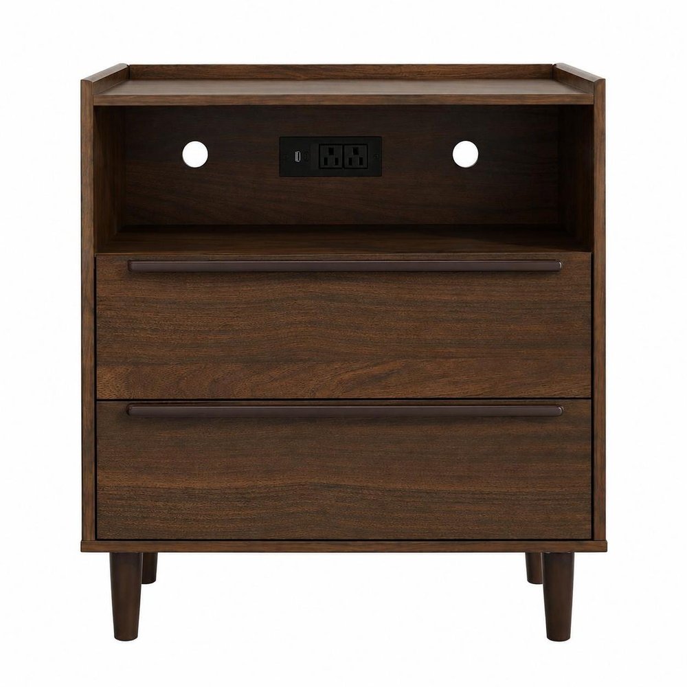 26" Black Wood Two Drawer Nightstand with USB Port and Integrated Tech — view 8