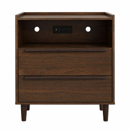 26" Black Wood Two Drawer Nightstand with USB Port and Integrated Tech