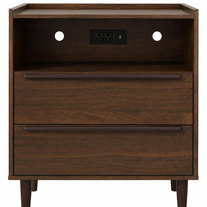 26" Espresso Wood Two Drawer Nightstand with USB Port and Integrated Tech HomeRoots