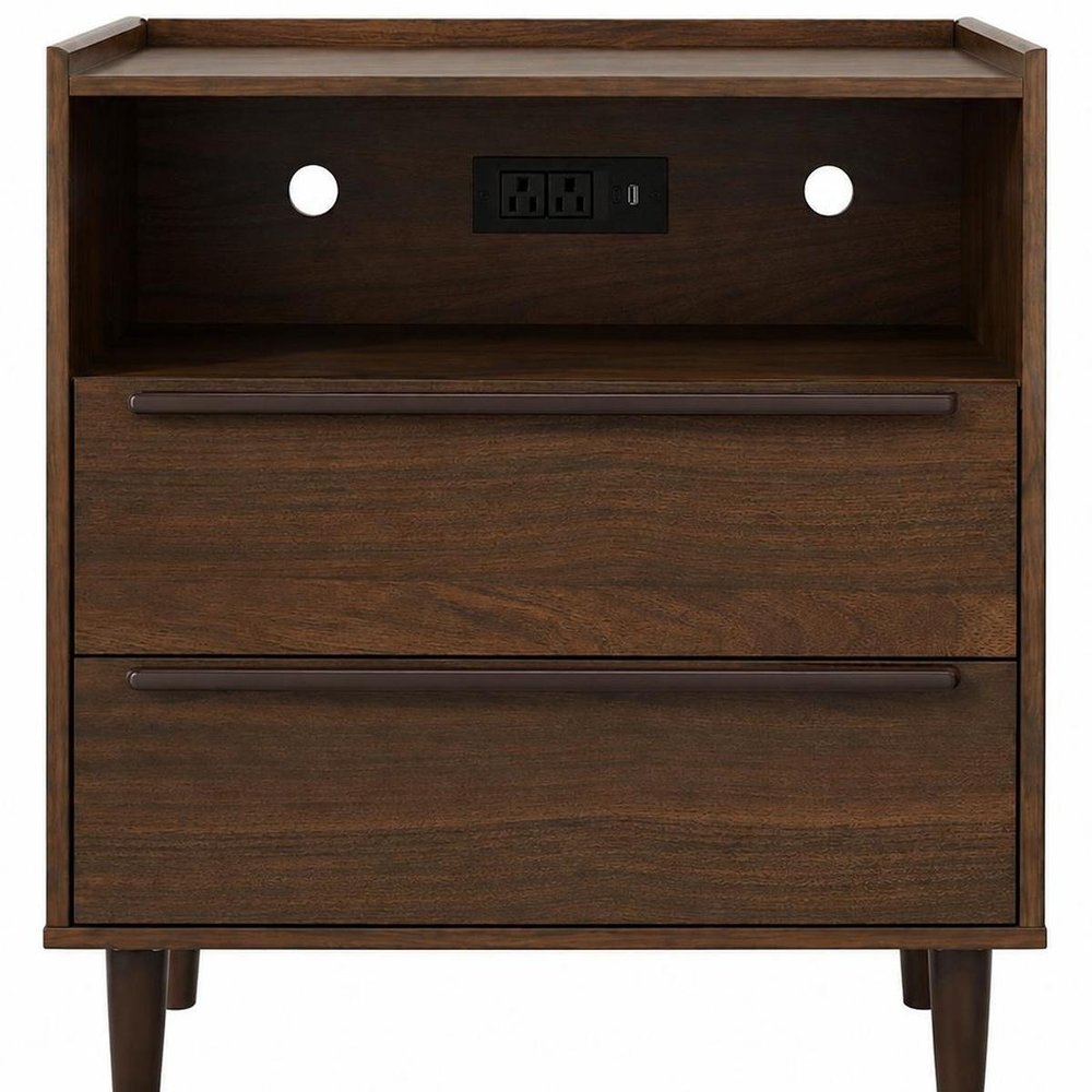 26" Black Wood Two Drawer Nightstand with USB Port and Integrated Tech