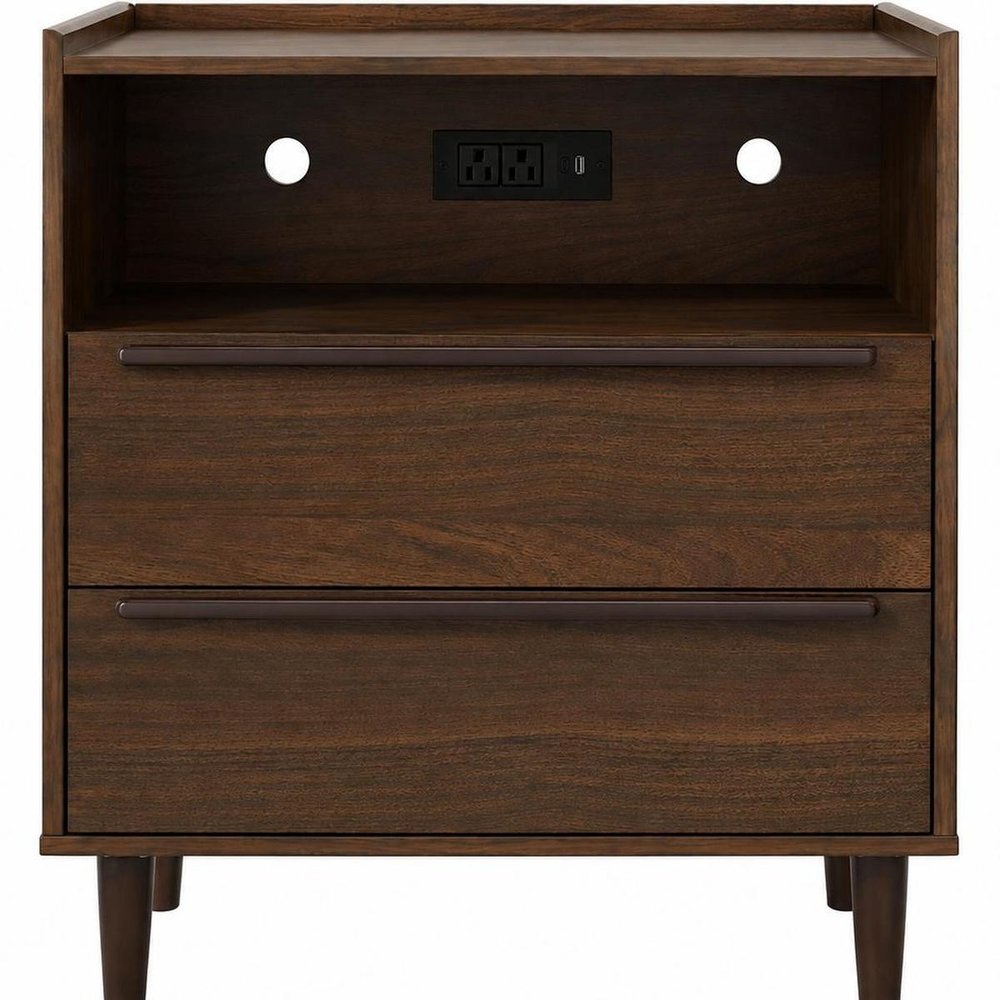 26" Espresso Wood Two Drawer Nightstand with USB Port and Integrated Tech — view 10