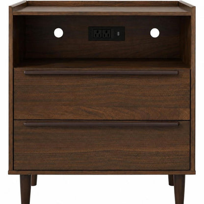 26" Espresso Wood Two Drawer Nightstand with USB Port and Integrated Tech HomeRoots