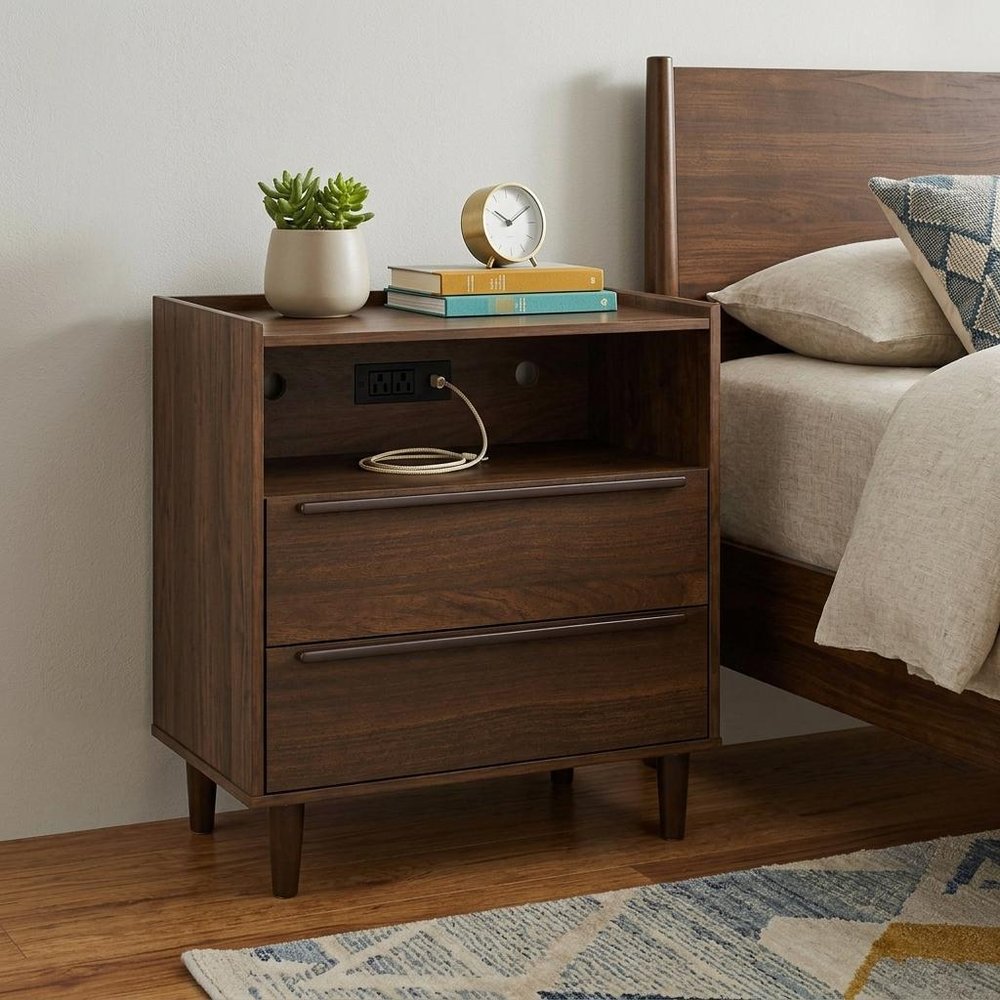 26" Black Wood Two Drawer Nightstand with USB Port and Integrated Tech