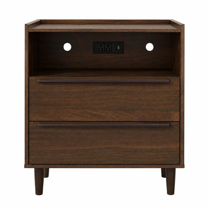 26" Espresso Wood Two Drawer Nightstand with USB Port and Integrated Tech HomeRoots