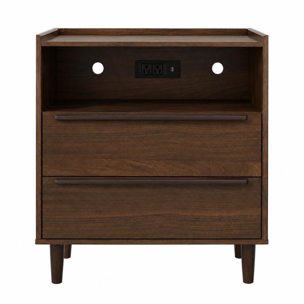 26" Black Wood Two Drawer Nightstand with USB Port and Integrated Tech