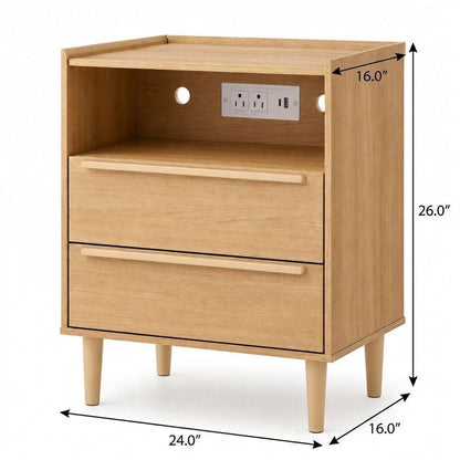 26" Espresso Wood Two Drawer Nightstand with USB Port and Integrated Tech HomeRoots