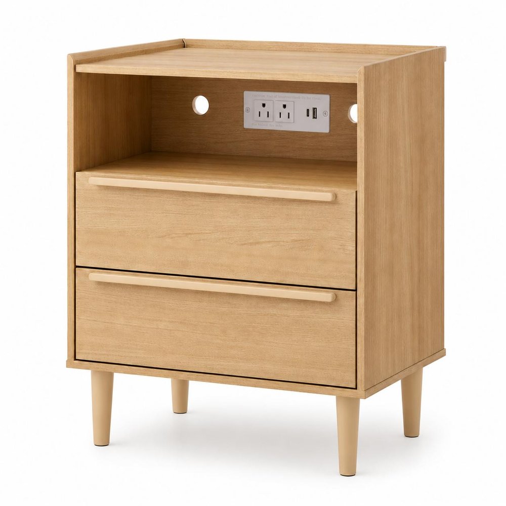 26" Black Wood Two Drawer Nightstand with USB Port and Integrated Tech