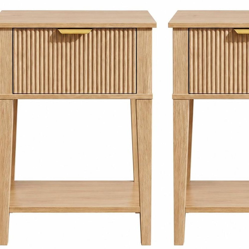 Set of Two 23" Natural Wood Ribbed Texture One Drawer Nightstand — view 3