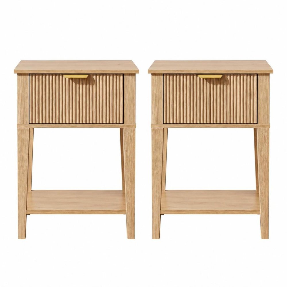 Set of Two 23" Natural Wood Ribbed Texture One Drawer Nightstand — view 4