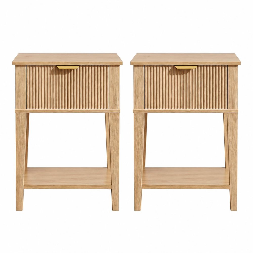 Set of Two 23" Natural Wood Ribbed Texture One Drawer Nightstand HomeRoots