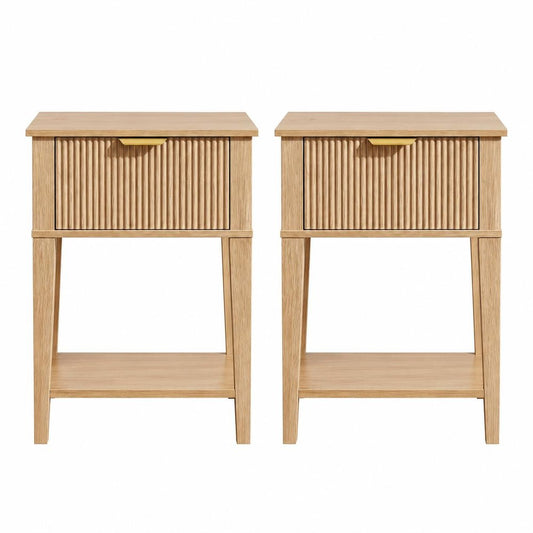 Set of Two 23" Natural Wood Ribbed Texture One Drawer Nightstand