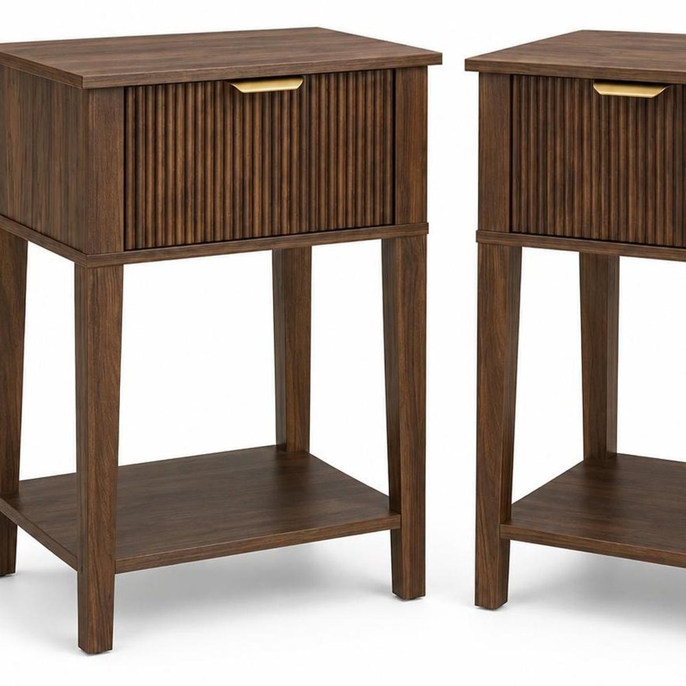Set of Two 23" Natural Wood Ribbed Texture One Drawer Nightstand HomeRoots