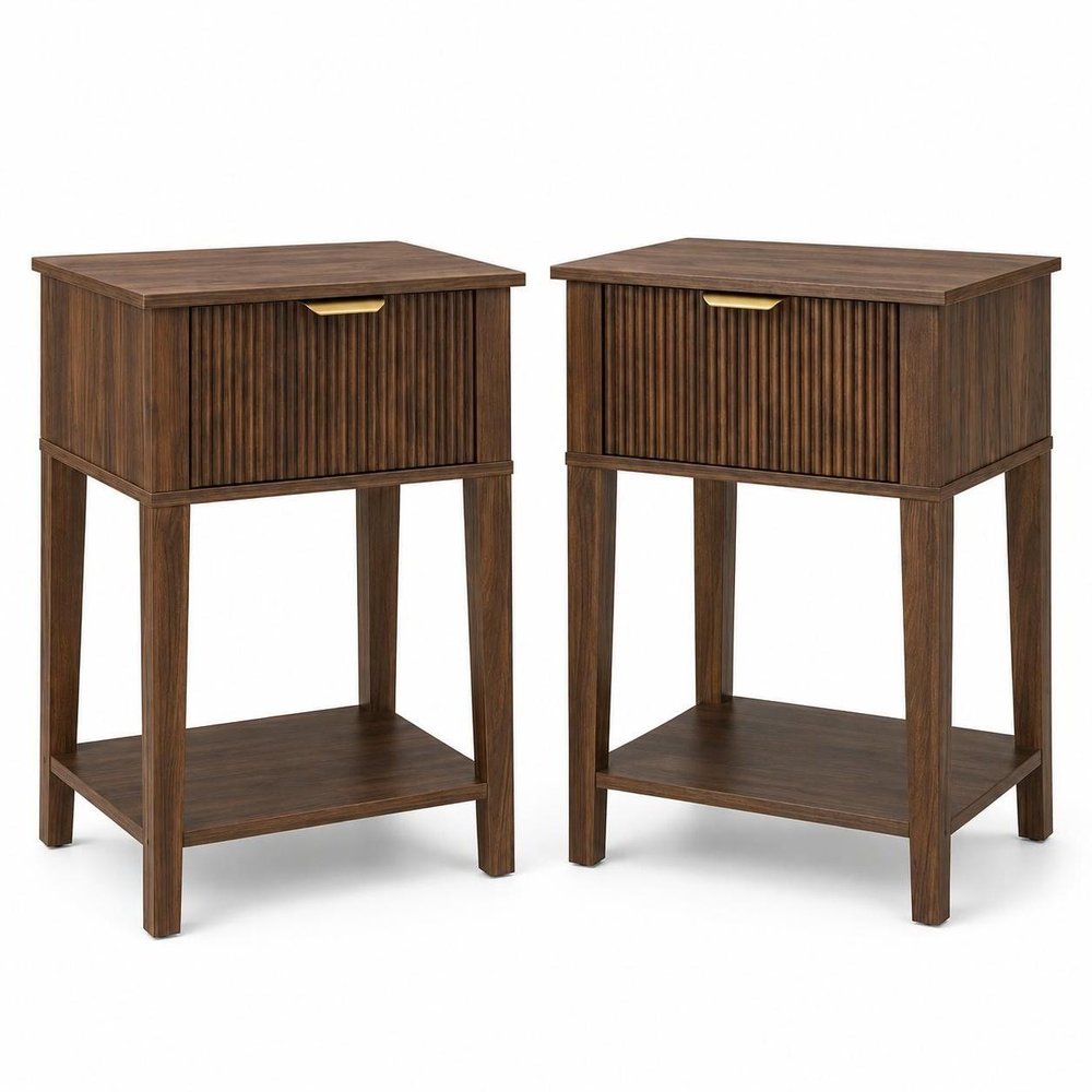 Set of Two 23" Natural Wood Ribbed Texture One Drawer Nightstand — view 11