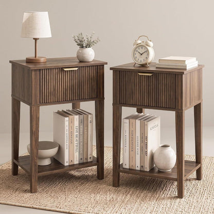 Set of Two 23" Natural Wood Ribbed Texture One Drawer Nightstand HomeRoots