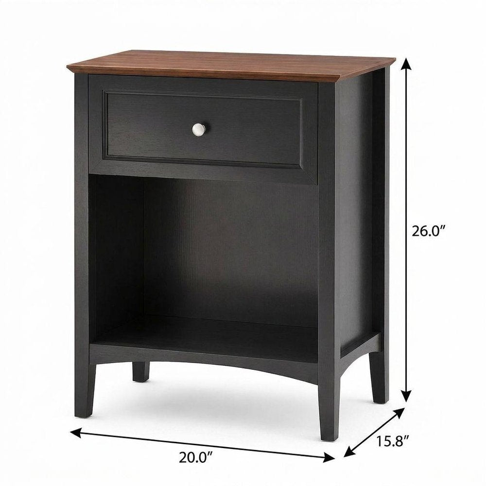 26" Black Wood One Drawer Nightstand HomeRoots
