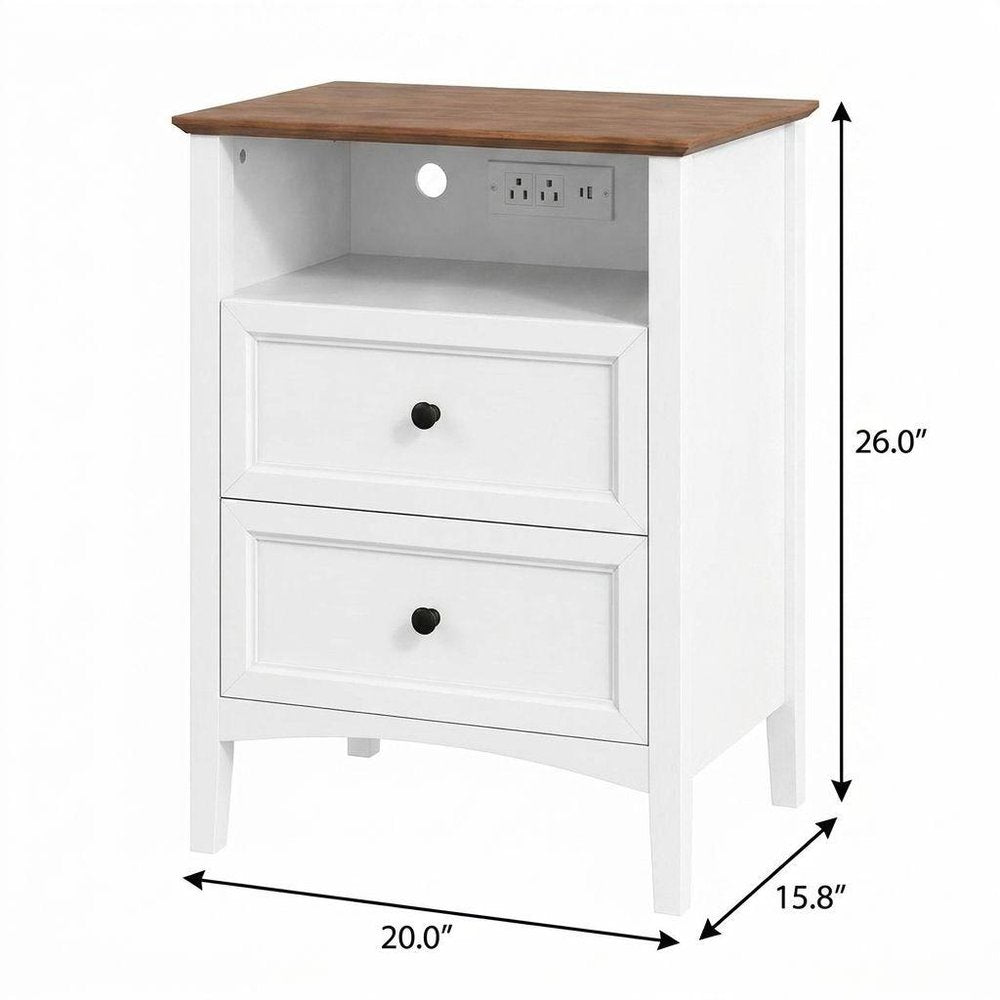 26" White Wood Two Drawer Nightstand with USB Port and Integrated Tech HomeRoots