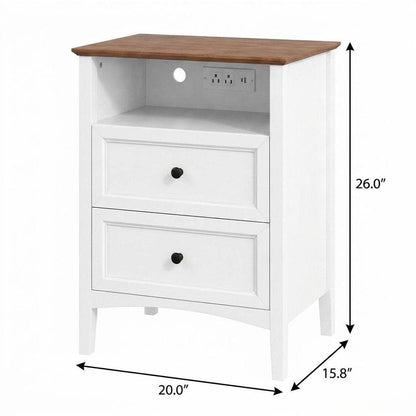 26" White Wood Two Drawer Nightstand with USB Port and Integrated Tech HomeRoots