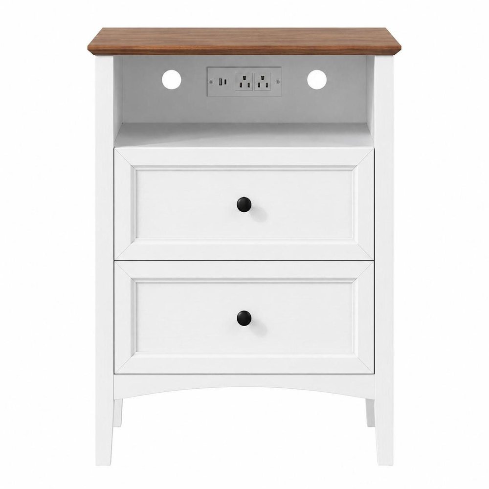 26" White Wood Two Drawer Nightstand with USB Port and Integrated Tech HomeRoots