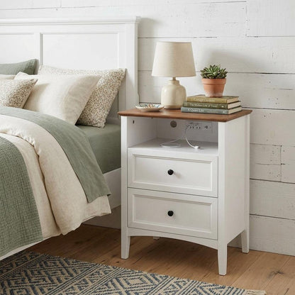 26" White Wood Two Drawer Nightstand with USB Port and Integrated Tech HomeRoots