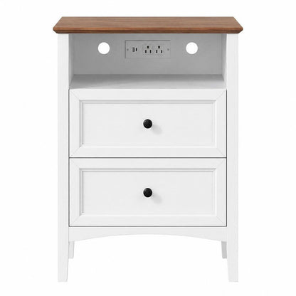 26" White Wood Two Drawer Nightstand with USB Port and Integrated Tech HomeRoots