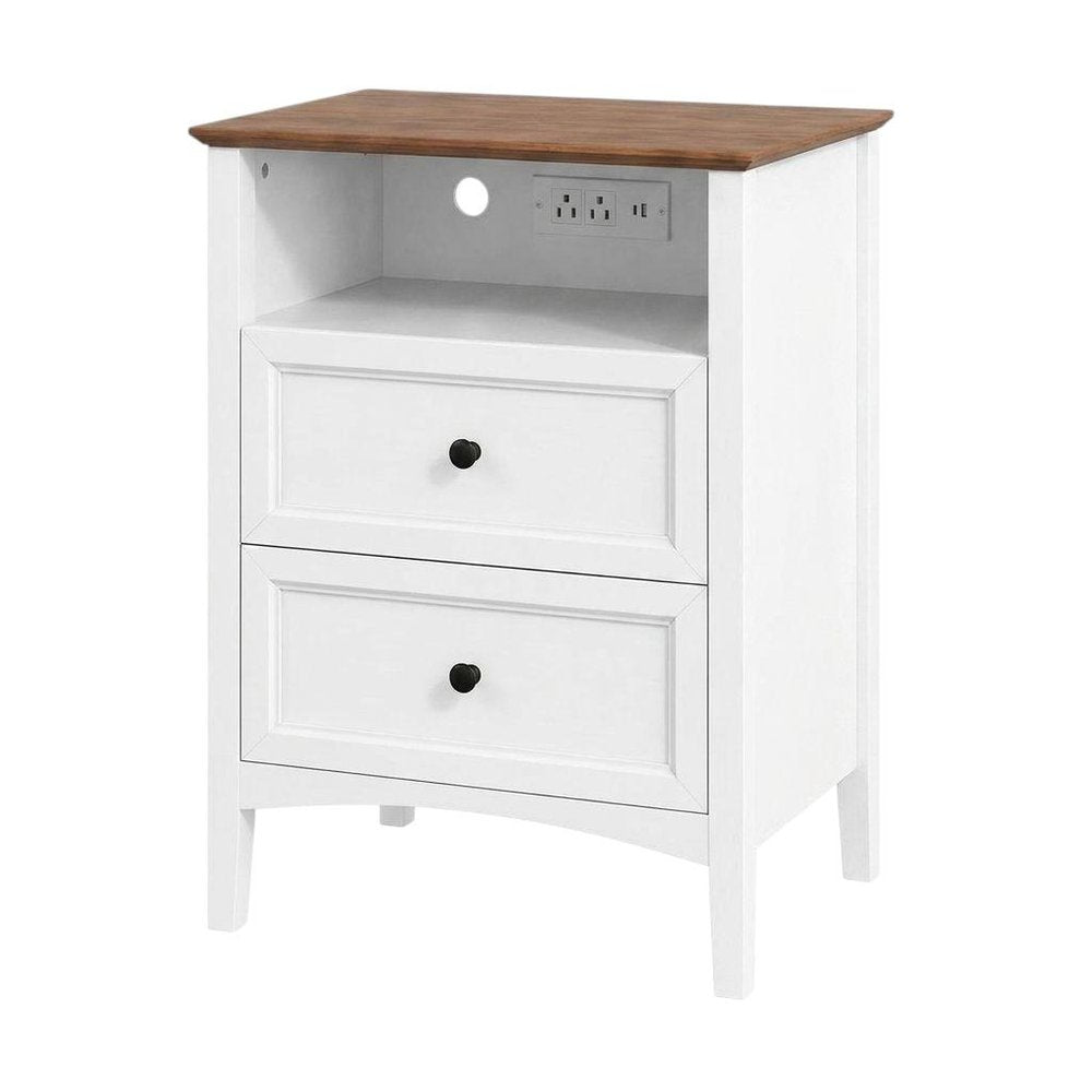 26" White Wood Two Drawer Nightstand with USB Port and Integrated Tech HomeRoots