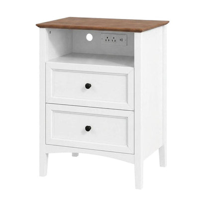 26" White Wood Two Drawer Nightstand with USB Port and Integrated Tech HomeRoots