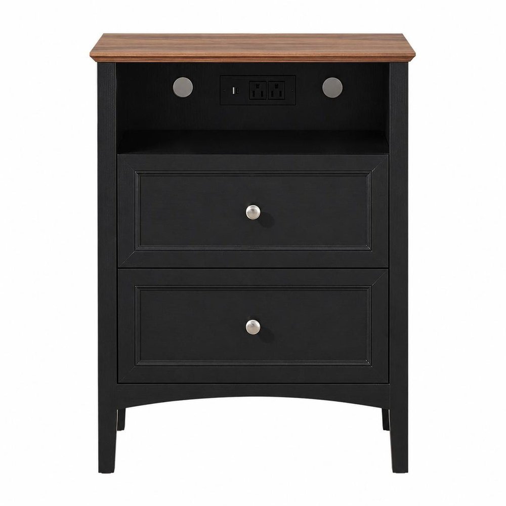 26" White Wood Two Drawer Nightstand with USB Port and Integrated Tech HomeRoots