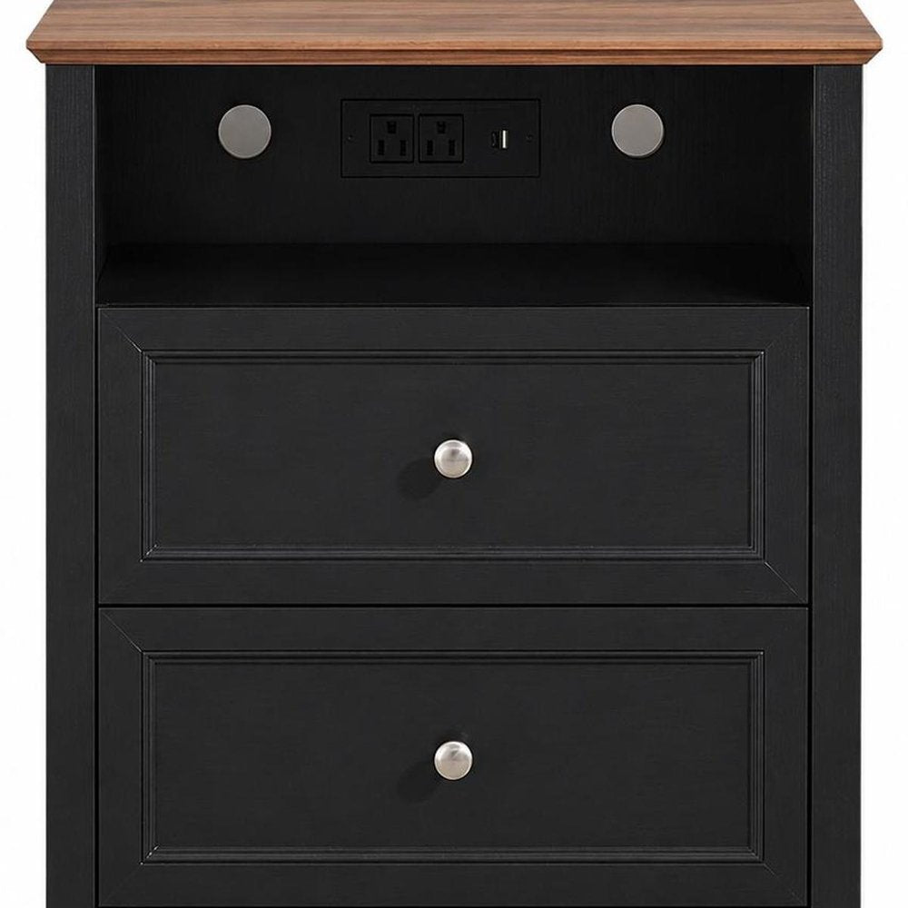 26" White Wood Two Drawer Nightstand with USB Port and Integrated Tech HomeRoots