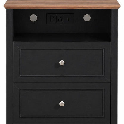 26" White Wood Two Drawer Nightstand with USB Port and Integrated Tech HomeRoots
