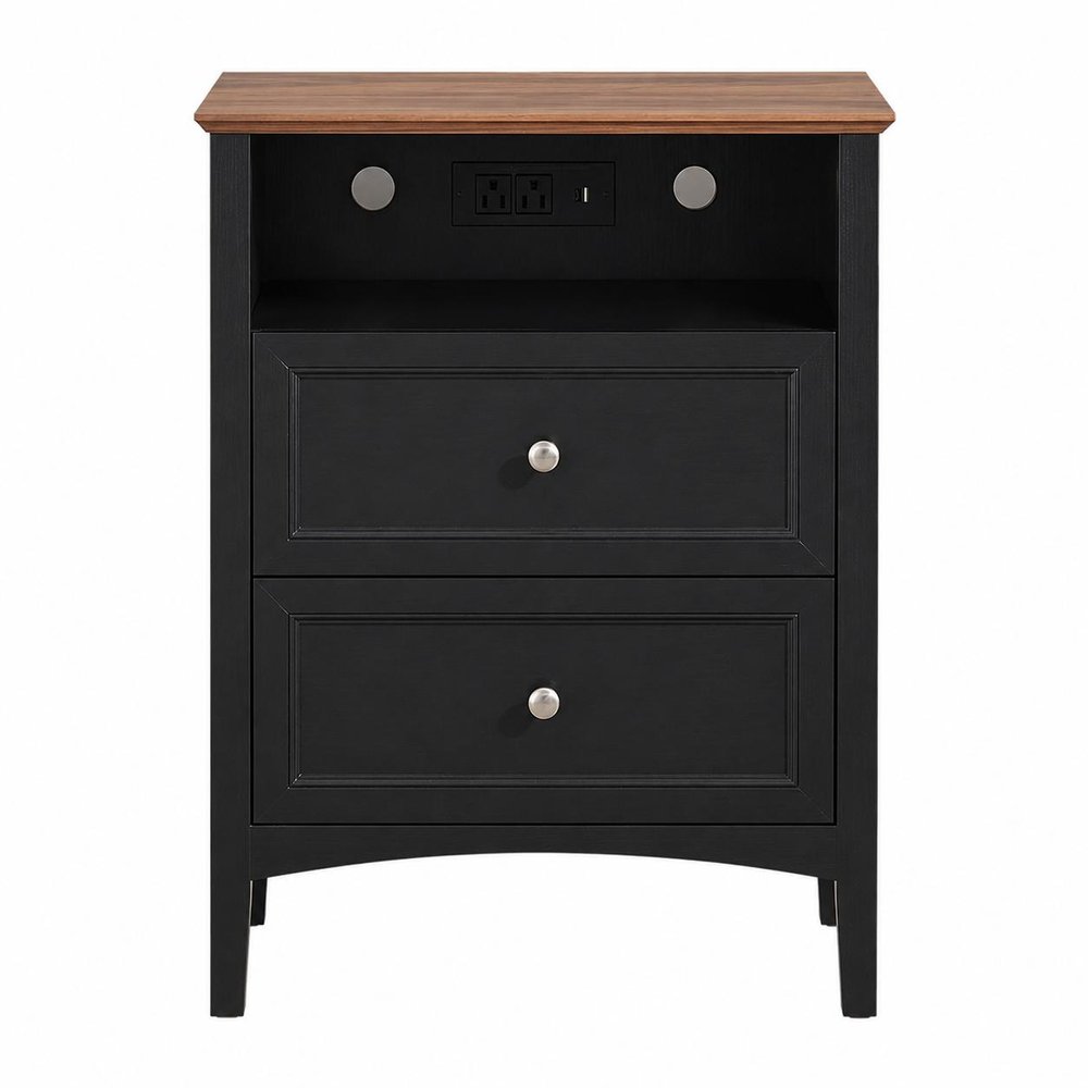 26" White Wood Two Drawer Nightstand with USB Port and Integrated Tech HomeRoots