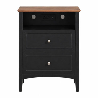 26" White Wood Two Drawer Nightstand with USB Port and Integrated Tech HomeRoots