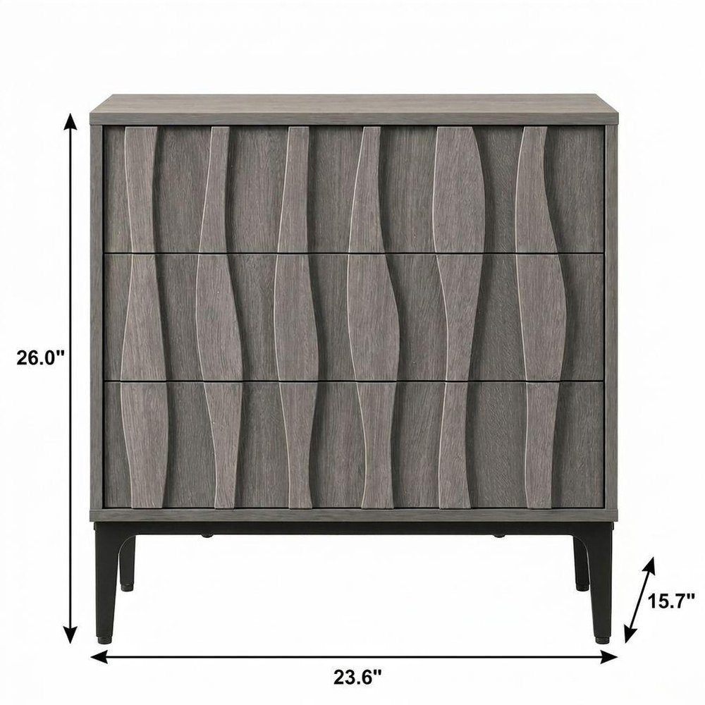 26" Gray Wood Carved Abstract Three Drawer Nightstand