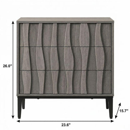 26" Gray Wood Carved Abstract Three Drawer Nightstand