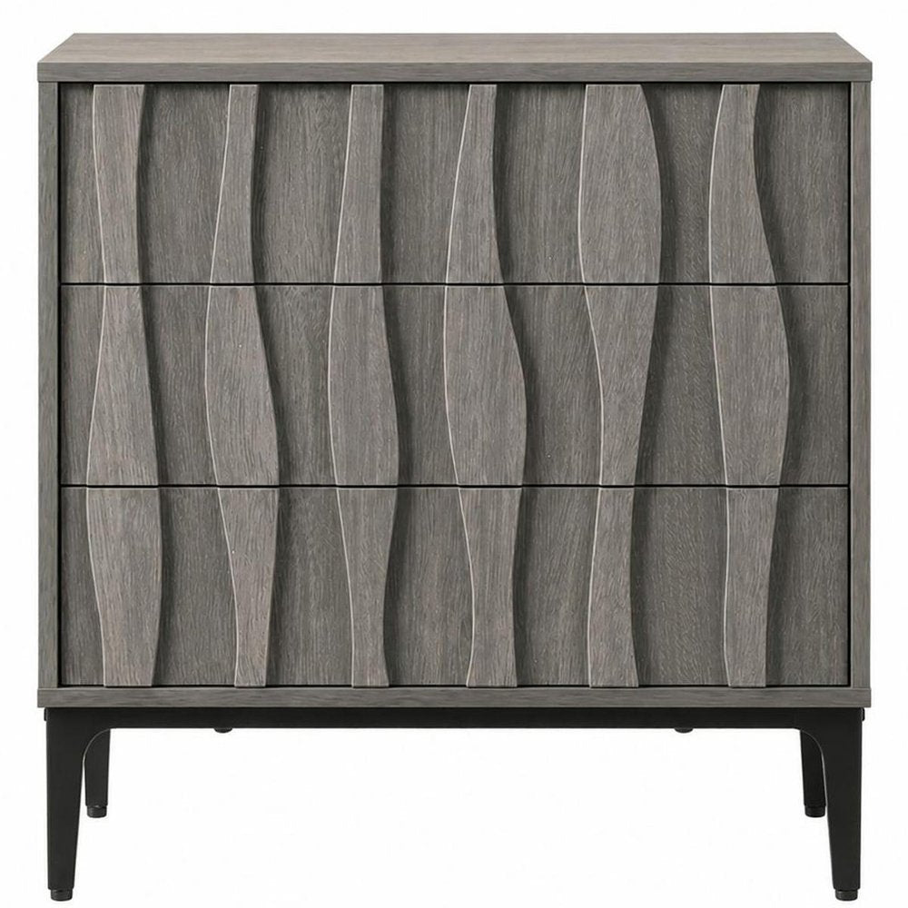 26" Gray Wood Carved Abstract Three Drawer Nightstand