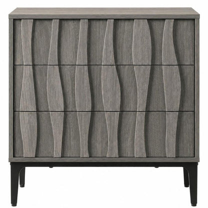 26" Gray Wood Carved Abstract Three Drawer Nightstand